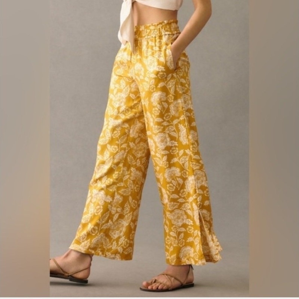 Anthropologie Yellow Floral Wide Leg Pant Boho Pull On Palazzo Cottagecore Small